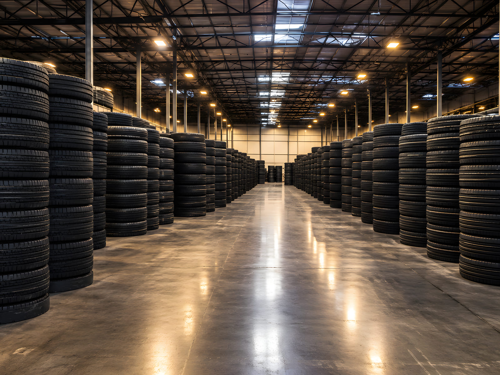 Tire curing production line — radial truck tires moving through the cure stage